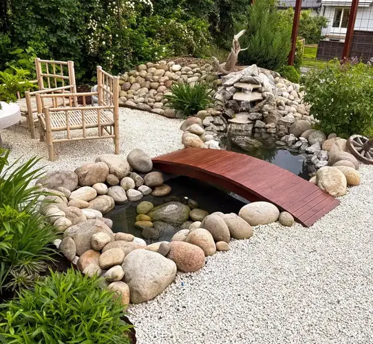 Stone-edged water garden with wooden bridge